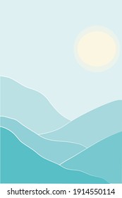 Abstraktes Landschaftspopster. Moderner Hintergrund, moderne Boho-Sonne und minimalistische Gebirgswand. Vektorkunstdruck.