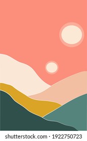 Afiche paisajístico abstracto. Fondo moderno, solárium boho moderno y decoración minimalista en las paredes de las montañas. Impresión de arte vectorial.