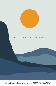 Abstract landscape poster. Nature background, sun moon sea mountains mid century contemporary art print. Vector