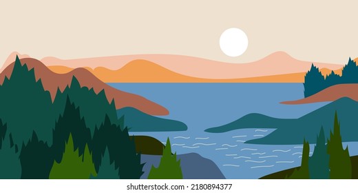 Abstract landscape poster. Nature wall decor contemporary art print, pastel mountain background. Vector illustration