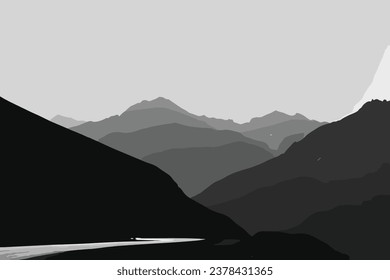 Afiche paisajístico abstracto. La decoración de las paredes de la naturaleza está imprimida al arte contemporáneo, con un fondo montañoso de mediados de siglo. Ilustración del vector