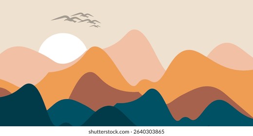 Abstract landscape poster. Nature wall decor contemporary art prints, medieval mountains backdrop. vector