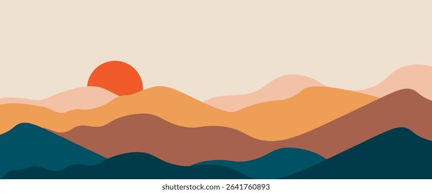 Abstract landscape poster. Nature wall decor contemporary art prints, medieval mountains backdrop. 
