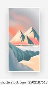 Abstract landscape poster. Rock peaks. Wild nature. Scenic panorama. Sky gradient colors. Foggy summits. Rocky sunset. Snow glaciers. Hiking travel. Ice hills. Winter slopes. Vector scenery banner