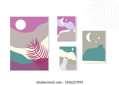Abstract landscape poster set. Minimalism ponoramic mountains, night sunrise sky with moon, stars and palm leaves. Nude colors, pink and green. Relax summer poster.