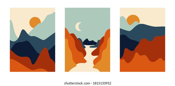 Abstract landscape poster set. Modern boho background, contemporary sun moon and mountains minimalist wall decor and art print. Vector illustration