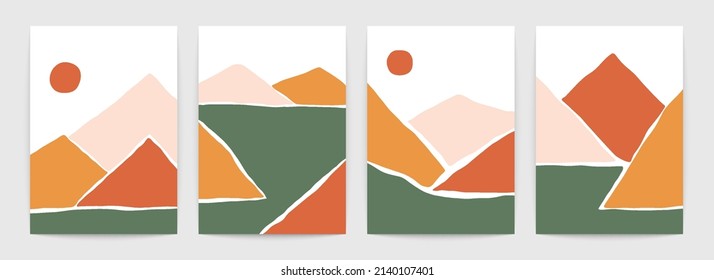 Abstract landscape poster set. Modern contemporary boho backgrounds, sun moon mountains, minimalist vector art prints