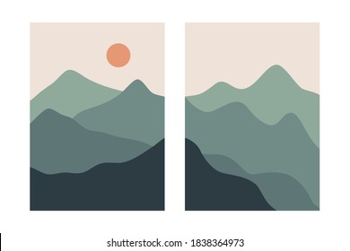 Abstract landscape posters. Boho collage mountains wallpapers for decoration, contemporary art japanese style. Vector illustration.