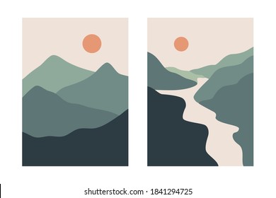 Abstract landscape posters. Boho mountains wallpapers for decoration, contemporary art japanese style. Vector illustration.