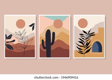 Abstract landscape posters, decorative wall art with stairs, sun, plants, desert geometric shape, contemporary boho style