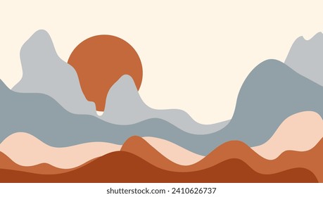 afiches paisajísticos abstractos. Diseño plano de fondo moderno, montañas contemporáneas boho luna de sol