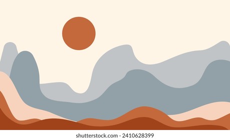abstract landscape posters. Modern background flat design, contemporary boho sun moon mountains