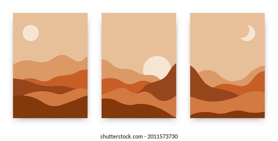 Abstract landscape posters set. Contemporary background, modern boho sun moon mountains minimalist wall decor. Vector art print