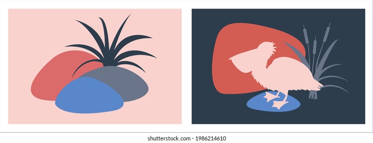 Abstract landscape posters set. Vector illustration isolated flat style. Pelican stones wildlife.