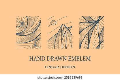Abstract landscape print collection. Simple linear vector illustration set. Web banner or room wall posters. Flat outline hand drawn silhouettes with sea and mountains.