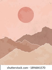 Abstract Landscape, Printable wall art Illustration with Sun and Mountains, Boho decor, Earth tones Modern Minimal Neutral digital print 
