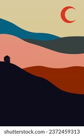 Resumen Paisaje Imprimible Arte De Pared. Montañas Árboles Impresos Decoración De Pared. Afiche del Boho Landscape