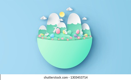 Abstract of landscape with rabbit and Easter eggs. Creative for Easter day in paper art. paper cut and craft style. vector, illustration.