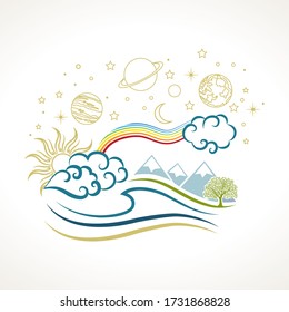 abstract landscape with rainbow and sky planets, vector