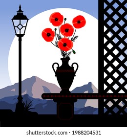Abstract landscape with red poppies in a vase against a background of mountains. Vector illustration. 