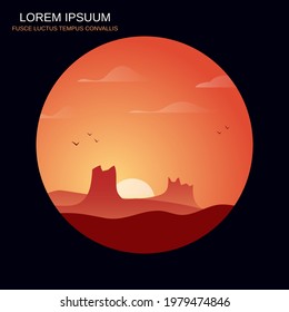 Abstract landscape retro style cartoon illustration. Red desert on orange sunrise background