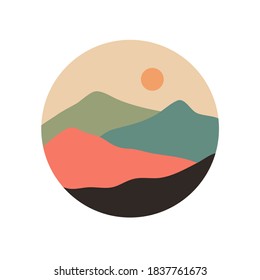 Abstract landscape round icon. Boho contemporary travel template for social media story cover, blog, print. Vector illustration.
