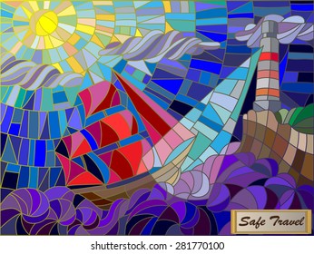 Abstract landscape with a sailboat against the sky, waves and glowing beacon. Color version