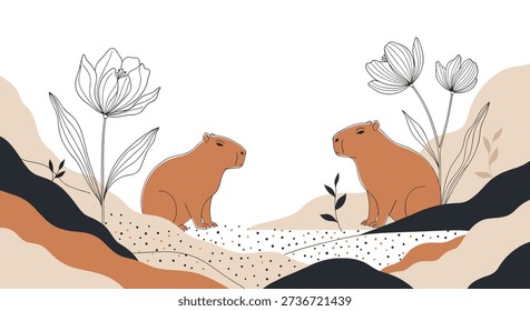 Abstract landscape scene features two capybaras resting among stylized hills and delicate line art tulip flowers on white.