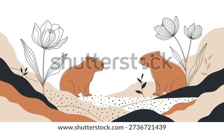 Abstract landscape scene features two capybaras resting among stylized hills and delicate line art tulip flowers on white.
