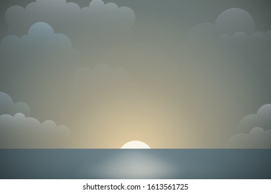 Abstract landscape scene with sea, clouds and sun - vector illustration