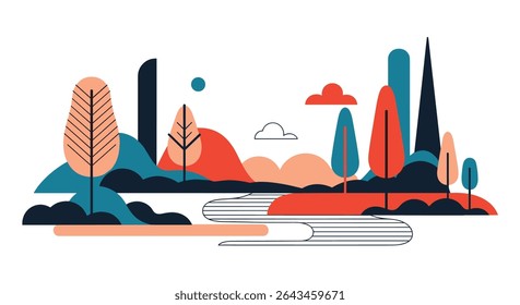 Abstract Landscape Scene With Trees Mountains And River In A Simplistic Style
