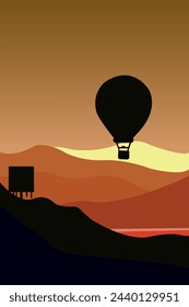 Abstract Landscape Scenery 05- village landscape. print graphic. graphic tee. poster graphic. art illustration. banner. Hot air balloon art.