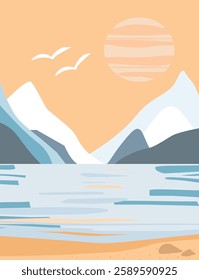 Abstract landscape of the sea against the backdrop of mountains and the sun. Vector simple poster.