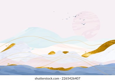 Paisaje abstracto con mar, colinas, cielo, sol y pájaros - ilustración vectorial