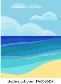 Abstract landscape with sea, ocean, sun and clouds. Vector background, illustration with a summer beach.