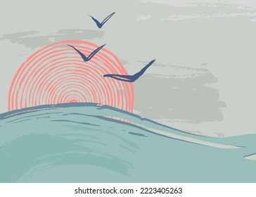 Abstract landscape with sea, sun and birds. Modern minimalistic poster design. Vector colorful background. Cover for any design.