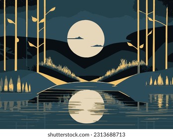 An abstract landscape of a serene lake in the moonlight.
