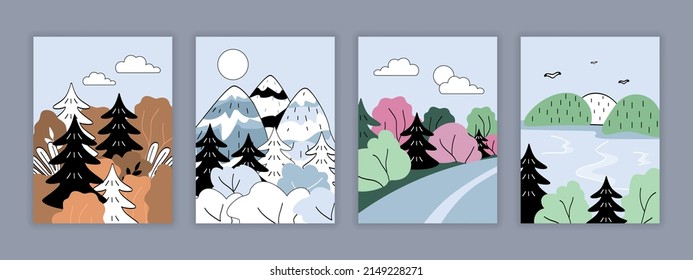 Abstract landscape set. Collection of minimalistic pictures for website, nature and fresh air. Invitation card design with nature views. Cartoon flat vector illustrations isolated on grey background