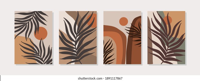 Abstract landscape set with geometric shapes, sun, tropical leaves in mid century modern style. Minimalist art print, poster, boho hipster wall decor in terracotta pastel colors. Vector illustration