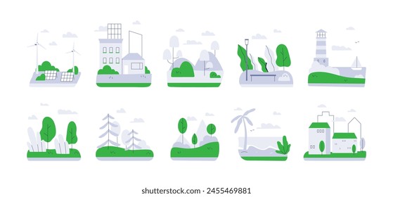 Abstract landscape set. Green nature, outdoor environment with trees in park, sea beach, lighthouse, city, sustainable energy. Eco-friendly icons. Flat vector illustration isolated on white background