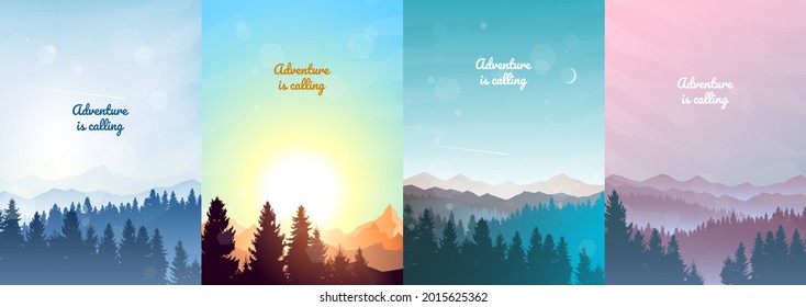 Conjunto de paisajes abstractos, vector de estilo minimalista, diseño plano, concepto de viaje de descubrir, explorar, observar la naturaleza. Senderismo. Turismo de aventura. Pancartas con ilustraciones de paisajes polígonos.