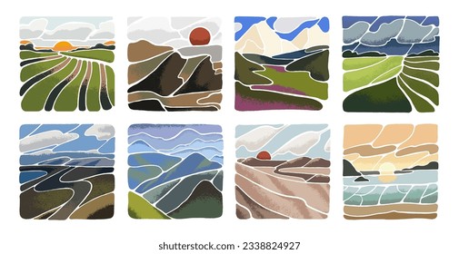 Abstrakte Landschaft. Moderne Kunst im minimalen Stil. Malerische wilde Natur, Sonnenuntergang, Berge, Wüste, Wiese, Strand, Meer und Himmel. Sommer- und Frühlingsblick. Handzeichnung, flach strukturierte Vektorgrafik