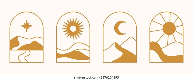 Abstrakte Landschaft mit Bergen, Sonne. Boho Minimal Line Art Design. Moderne Logo-Vorlage Mitte Jahrhundert. Bogenfenster-Vektorgrafik anzeigen Böhmisches Emblem.