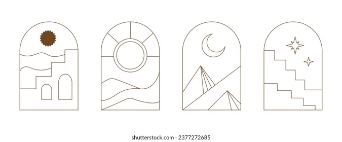 Abstrakte Landschaft Set mit Bergen, Sonne, Treppen. Boho Minimal Line Art Design. Moderne Logo-Vorlage Mitte Jahrhundert. Bogenfenster-Vektorgrafik anzeigen Böhmisches Emblem.