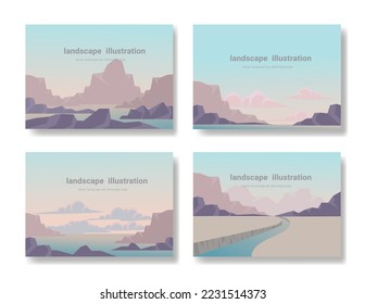 Abstract landscape set, Natural wallpapers are minimalist, banners Hiking adventure background. Vector illustration