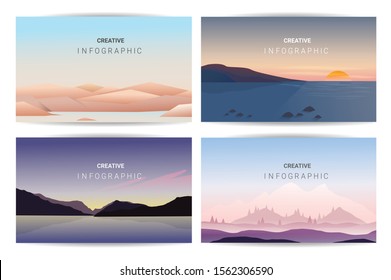 Abstract landscape set, Vector banners set with polygonal landscape illustration, Minimalist style