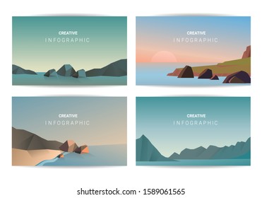 Abstract landscape set, Vector banners set with polygonal landscape illustration, Minimalist style