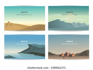 Abstract landscape set, Vector banners set with polygonal landscape illustration, Minimalist style