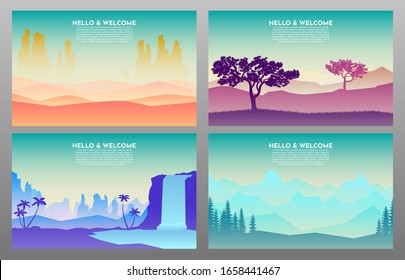 Abstrakte Landschaft, Vektorillustration-Banner mit polygonaler Landschaftsgrafik, Minimalistischer Stil. Wüste, Savanne, Wälder, Wasserfall. 4 Hintergründe