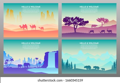 Abstract landscape set, Vector banners set with polygonal landscape illustration. Desert, savannah, forests, waterfall. Silhouettes of Camels, elephants, bears, antelopes, rhino. Minimalist style. 